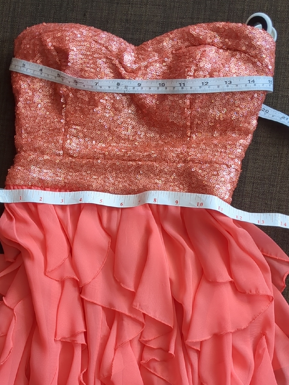 Windsor Coral Pink Strapless Sequin Bodice-Shifon Ruffle-Tiers Skirt/Mini Dress - Picture 5 of 13